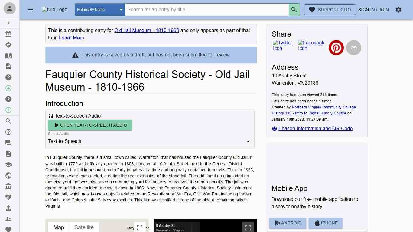 Fauquier County Historical Society - Old Jail Museum - 1810-1966 - Clio